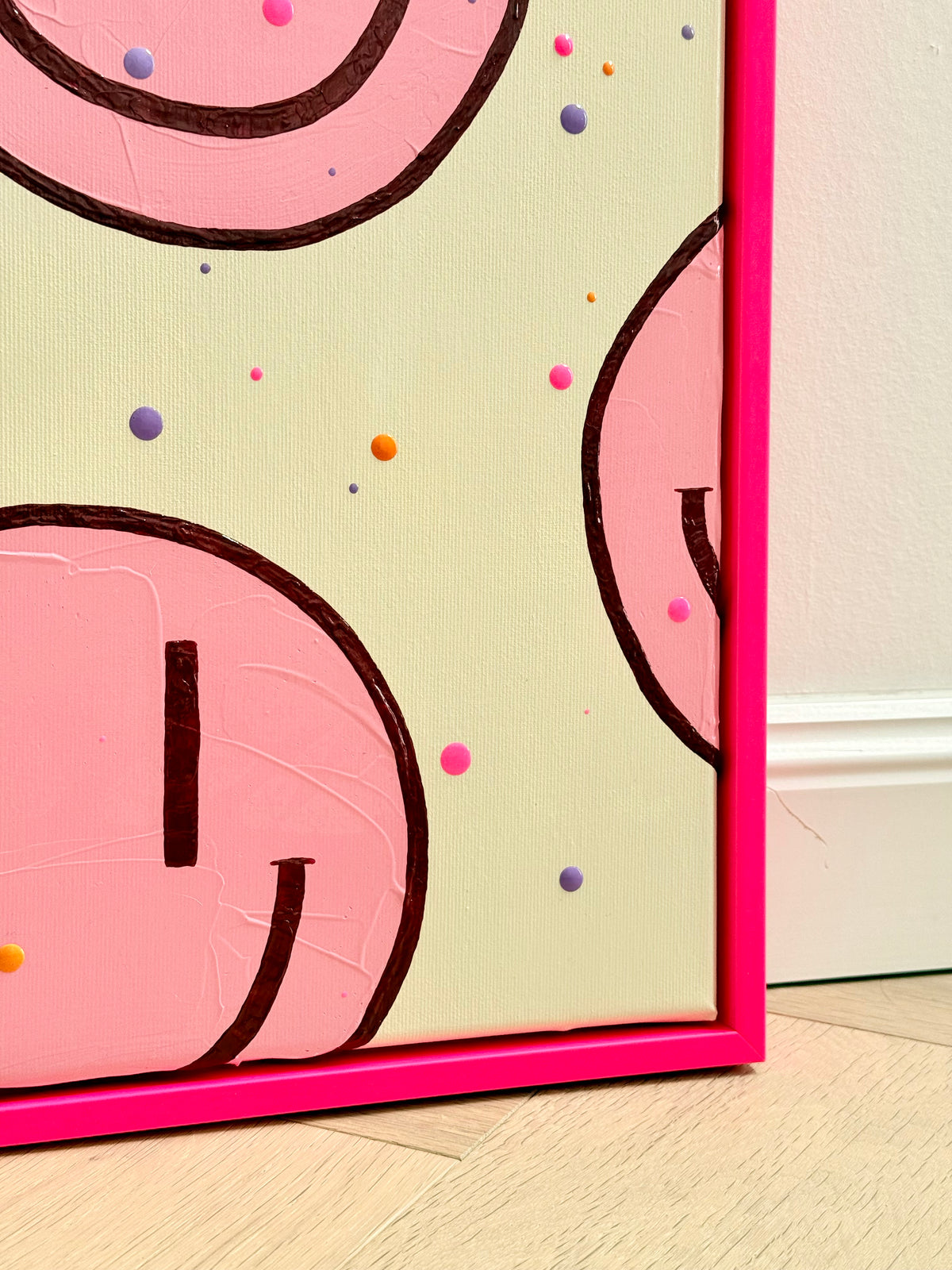„HAPPY #29“ – rosa Happy-Face Acrylbild im neonpinken Rahmen (verkauft)