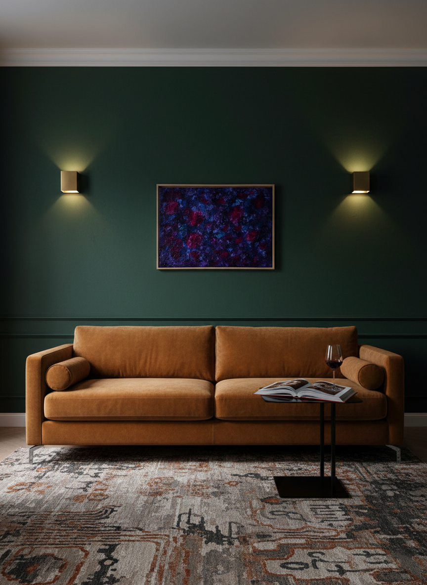 FLORALS #8, abstraktes Gemälde in Rot-, Blau- und Dunkeltönen, horizontal gerahmt über einem cognacfarbenen Sofa vor einer dunkelgrünen Wand mit Wandlampen.