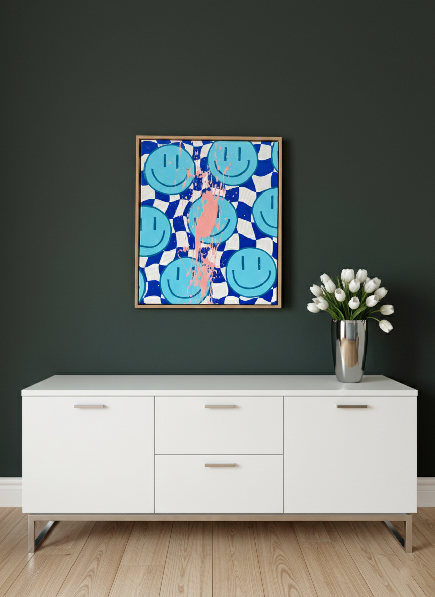 HAPPY #13, blaues Smiley-Gemälde mit rosa Farbakzent, gerahmt über einem weißen Sideboard vor dunkelgrüner Wand mit Tulpenvase.