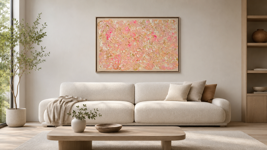 Grosses Wandbild FLORALS #21 im Format 120 × 80 cm über einem Sofa im modernen Wohnzimmer