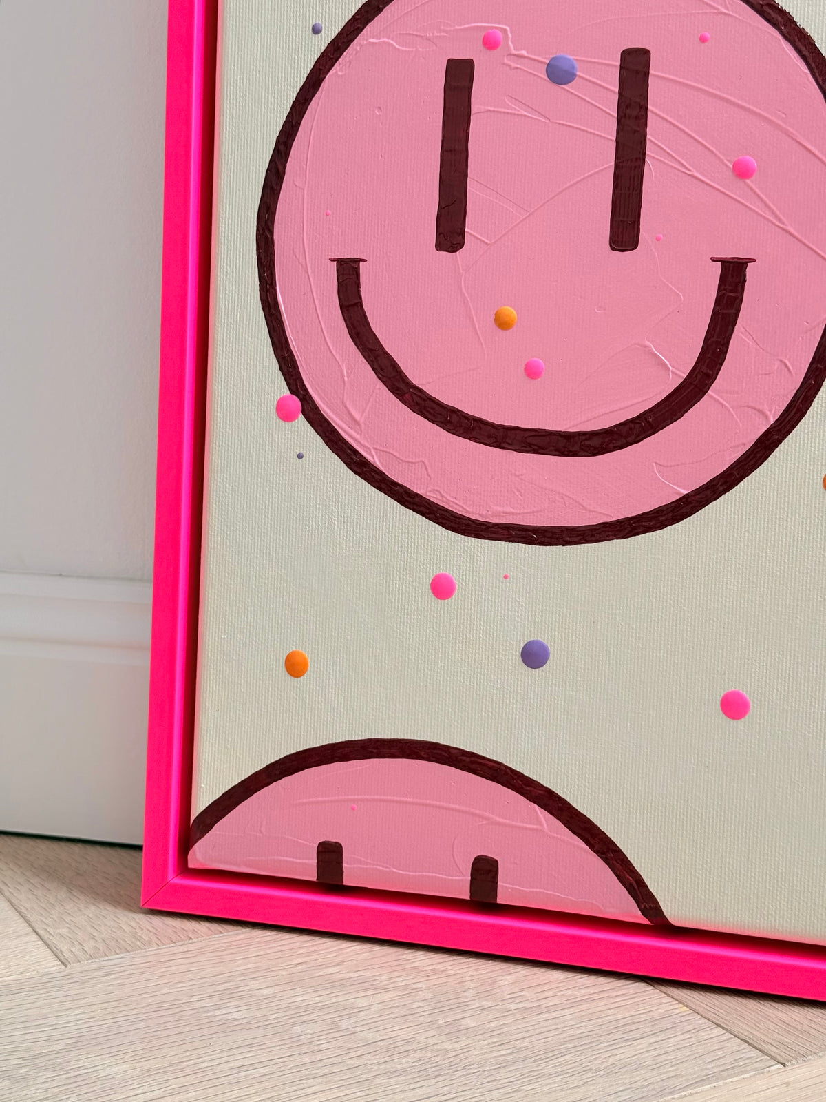„HAPPY #29“ – rosa Happy-Face Acrylbild im neonpinken Rahmen (verkauft)