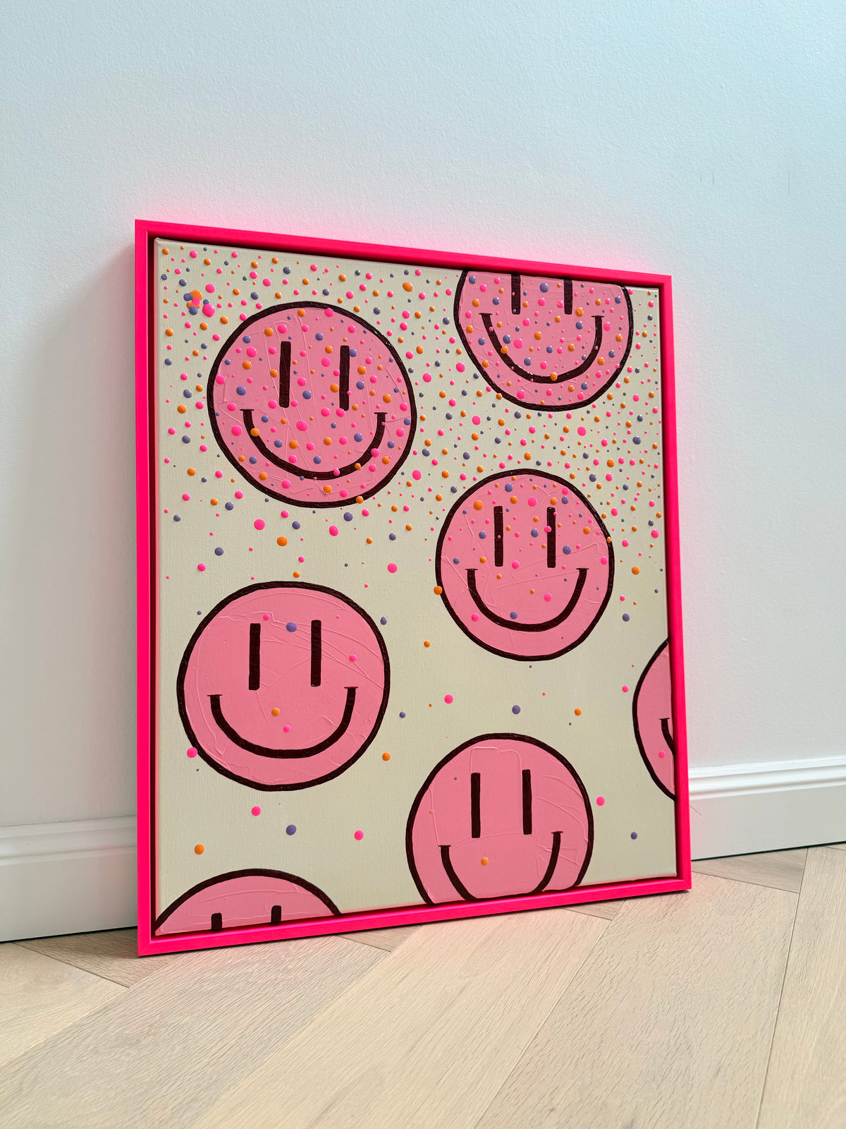 „HAPPY #29“ – rosa Happy-Face Acrylbild im neonpinken Rahmen (verkauft)