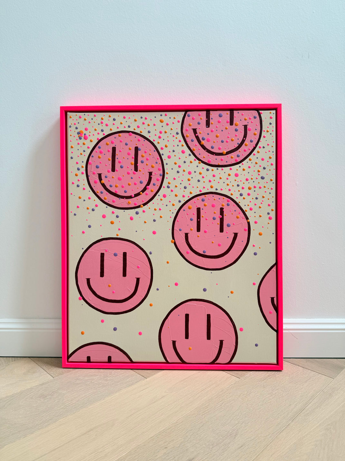 „HAPPY #29“ – rosa Happy-Face Acrylbild im neonpinken Rahmen (verkauft)