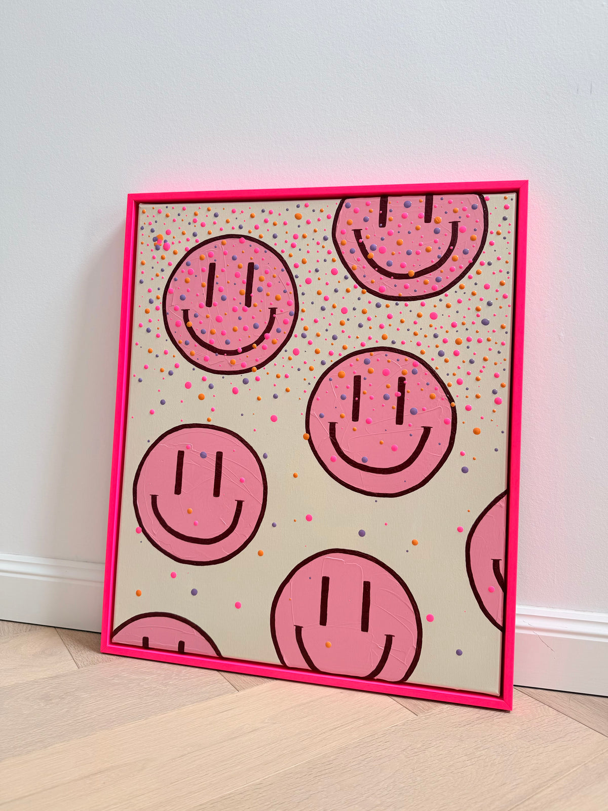 „HAPPY #29“ – rosa Happy-Face Acrylbild im neonpinken Rahmen (verkauft)