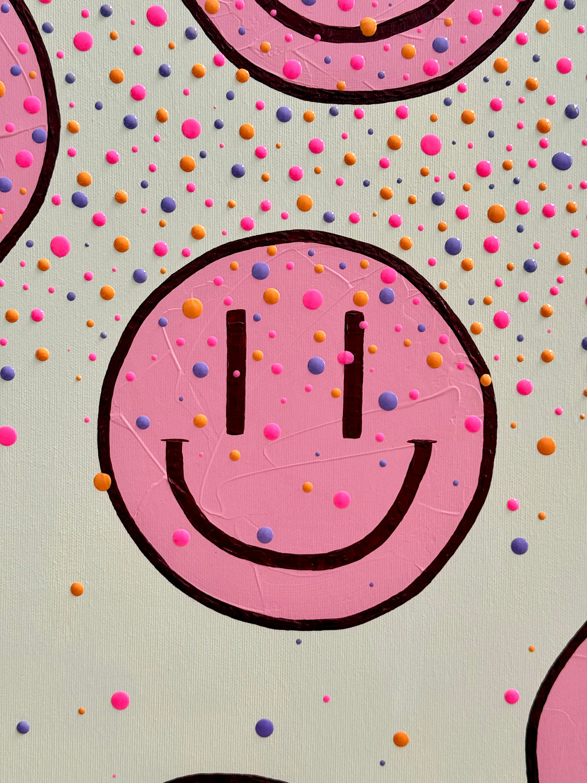 „HAPPY #29“ – rosa Happy-Face Acrylbild im neonpinken Rahmen (verkauft)