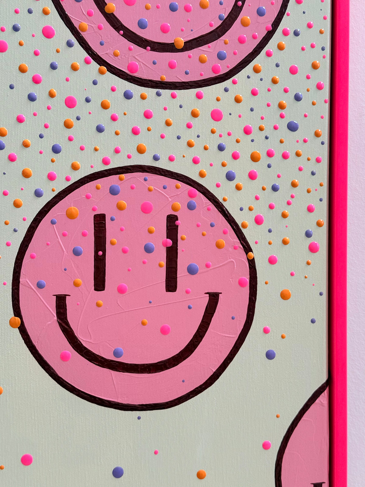 „HAPPY #29“ – rosa Happy-Face Acrylbild im neonpinken Rahmen (verkauft)