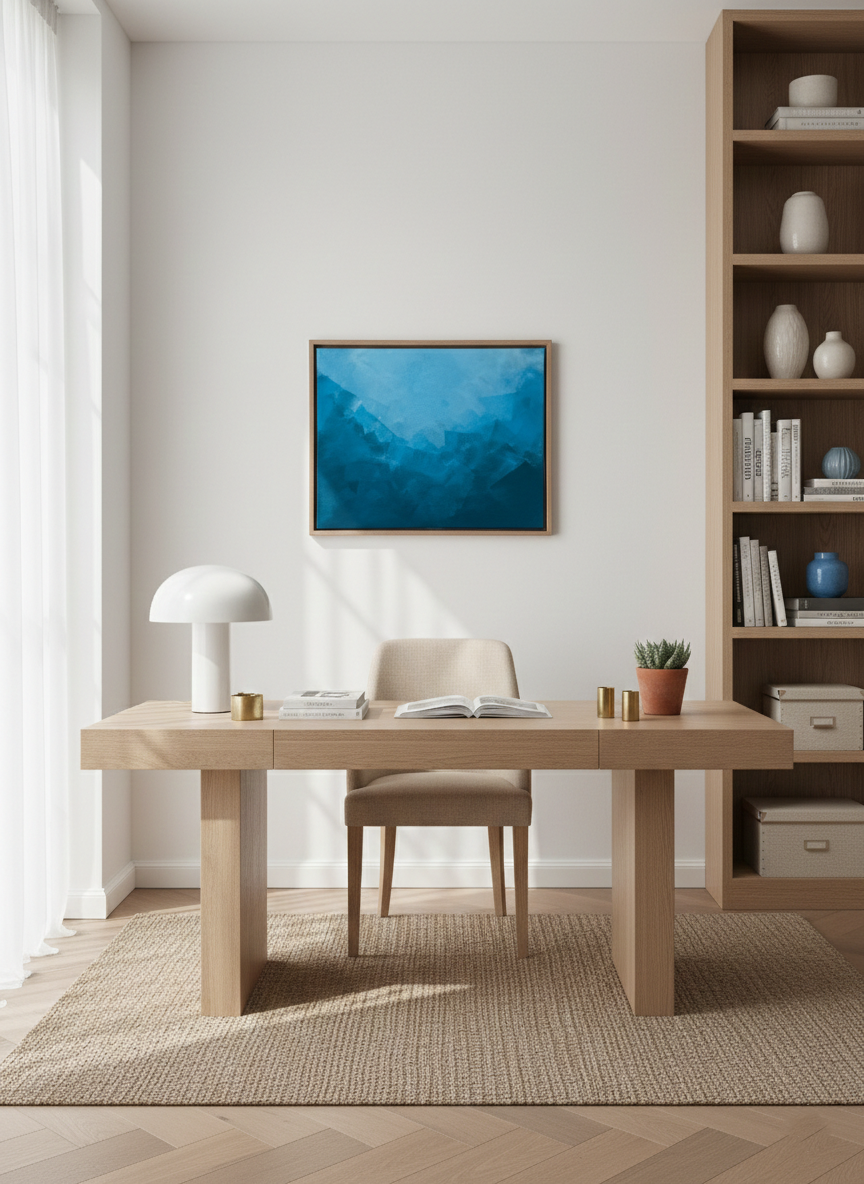 BLUE, abstraktes Acrylgemälde in tiefen Blautönen mit weichen Farbverläufen, gerahmt über einem Holzschreibtisch in einem hellen Arbeitszimmer.