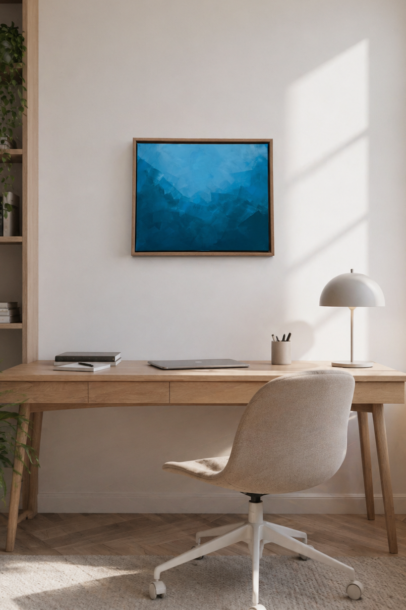 Moderner, heller Home-Office-Arbeitsplatz mit minimalistischem Holzschreibtisch, beigem Drehstuhl und eleganter Tischlampe. An der weißen Wand hängt zentral ein abstraktes Kunstwerk in Blauverläufen (50 × 40 cm) in einem schlichten Holzrahmen, realistisch proportioniert und frontal fotografiert. Natürliches Tageslicht fällt von rechts in den Raum und erzeugt weiche Schatten, während Pflanzen und ein offenes Regal für eine ruhige, stilvolle Atmosphäre sorgen.