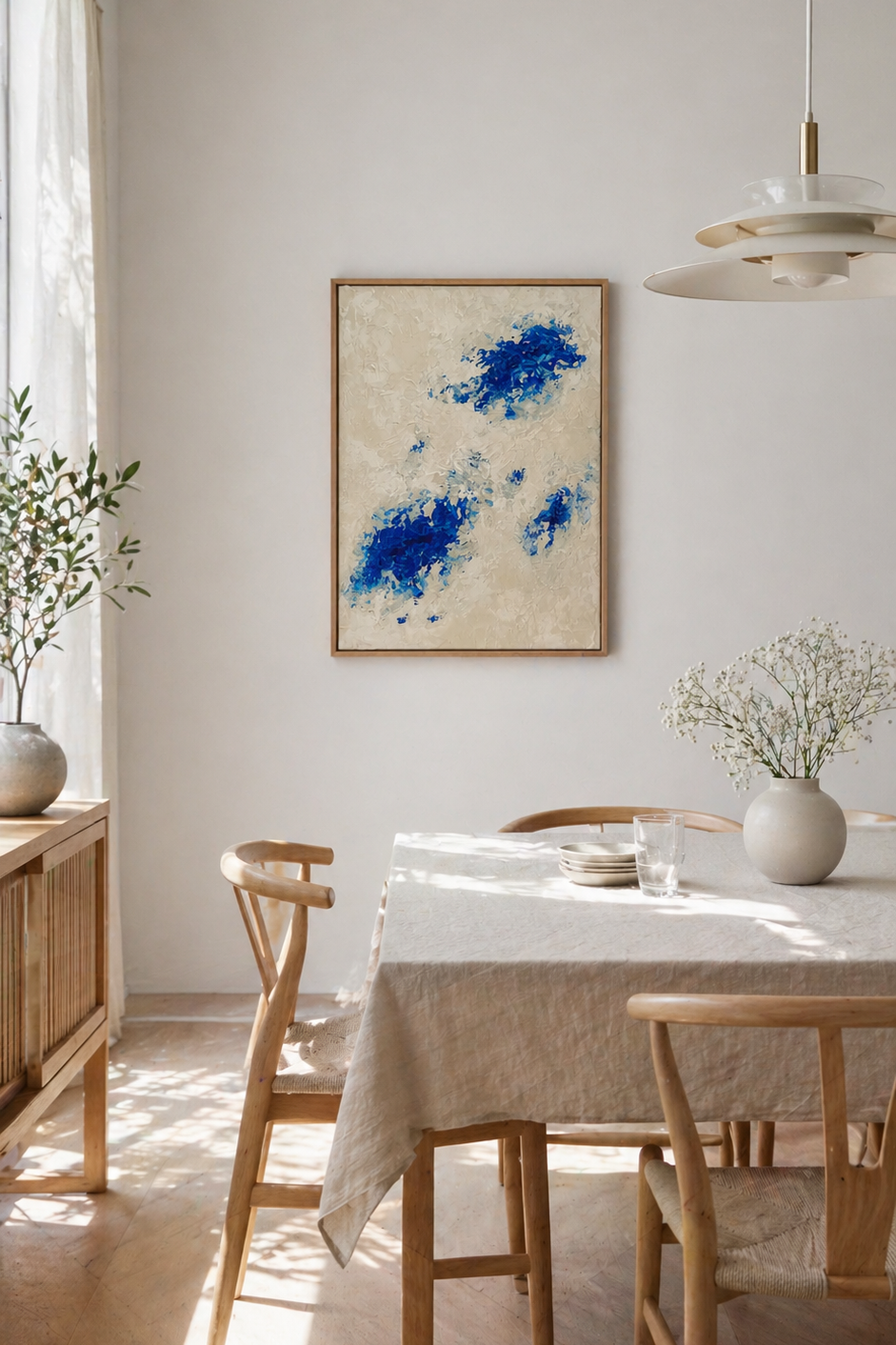 Moderner Scandi-Style Essbereich mit hellem Holz, weichem Tageslicht und minimalistischer Einrichtung; an einer hellen Wand hängt ein strukturiertes abstraktes Acrylbild in Beige mit intensiven blauen Farbakzenten (ca. 50x70 cm), stilvoll ins Interieur integriert.