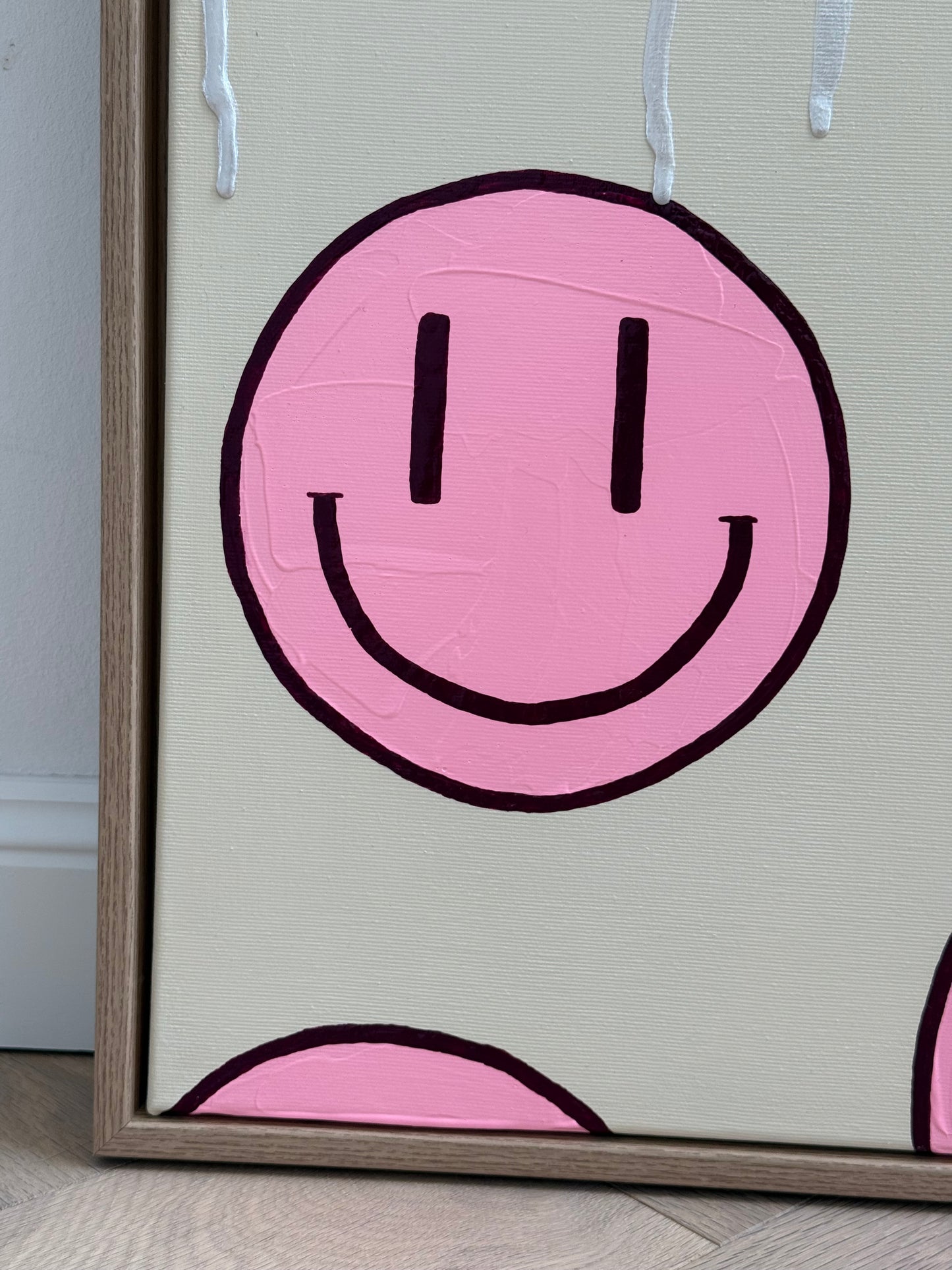 "HAPPY #17" – Happy-Face Acrylbild in Beige, Pink & Silber