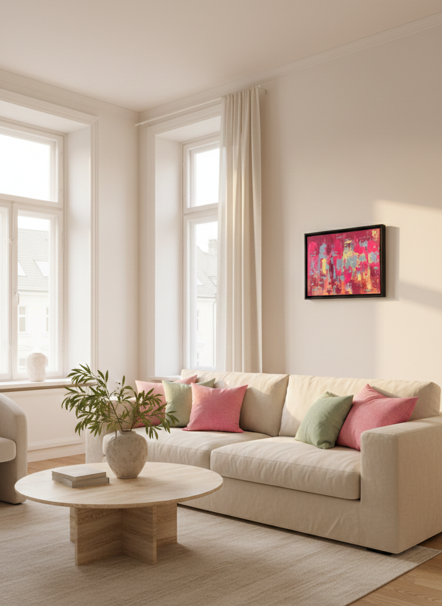 EVOLVING, abstraktes Gemälde in Magenta-, Pink- und Koralltönen mit hellblauen und buttergelben strukturierten Farbflächen, gerahmt über einem Sofa in modernem Interieur.