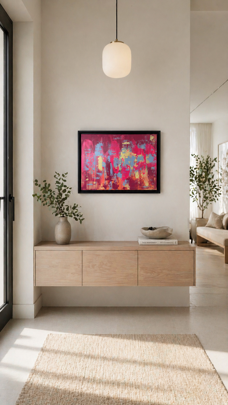 Abstraktes Acrylbild in leuchtenden Pink-, Rot-, Gelb- und Blautönen (50x40 cm) in schwarzem Rahmen, frontal fotografiert und realistisch in einem modernen Eingangsbereich an einer hellen Wand platziert. Helles Tageslicht fällt durch ein großes Fenster, kombiniert mit warmem Holz-Interior, einer minimalistischen Konsole, dekorativen Vasen und einer modernen Pendelleuchte.