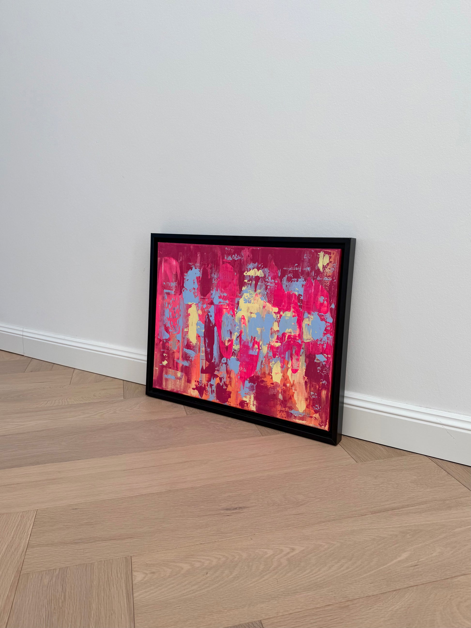 Abstraktes Acrylgemälde „EVOLVING“, farbintensive moderne Kunst in Pink, Blau und Orange, gerahmt