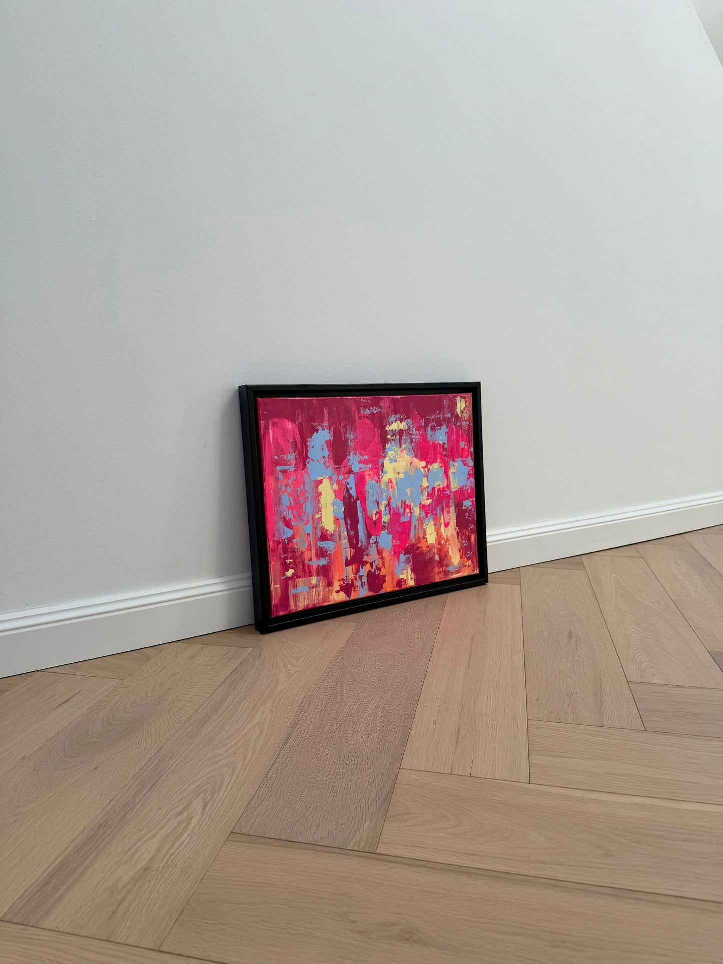 Abstraktes Originalkunstwerk „EVOLVING“, Acryl auf Leinwand, farbintensive moderne Kunst in Pink, Blau und Orange