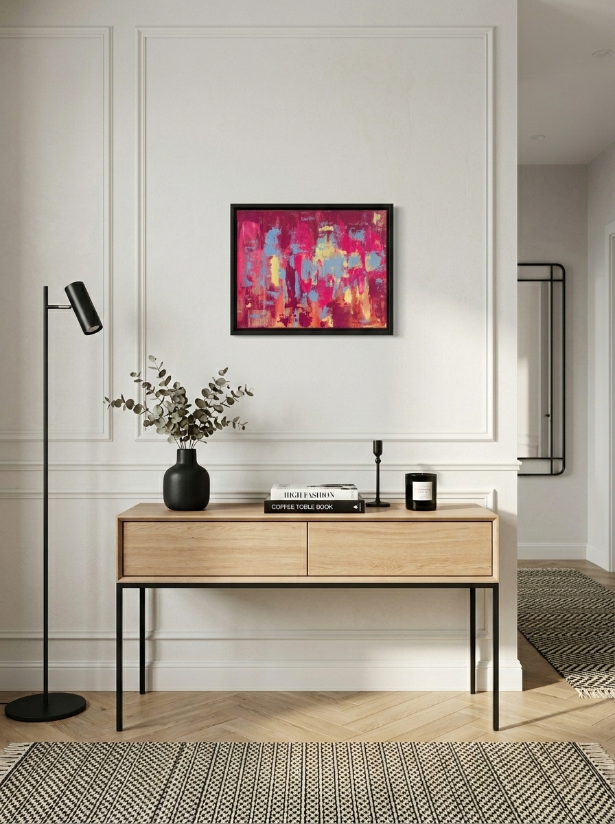 Abstraktes farbintensives Kunstwerk in schwarzem Rahmen über einem minimalistischen Holzsideboard im Scandinavian Chic Flur.