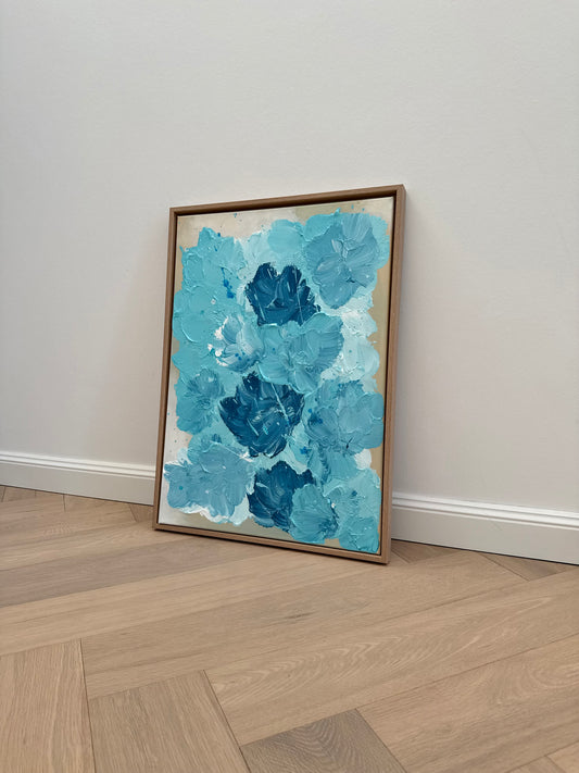 Florales abstraktes Acrylbild in Hellblau und Türkis mit glänzender, strukturierter Oberfläche, handgemaltes Originalkunstwerk auf Leinwand in modernem Interior