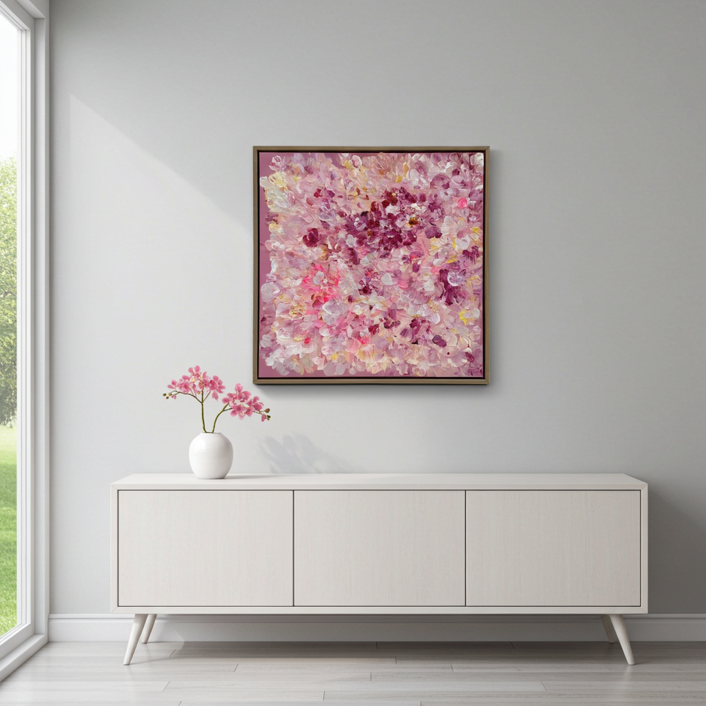 Frontale Ansicht FLORALS #13, abstraktes Blumenbild in Rosé, Pink und Creme mit Textur