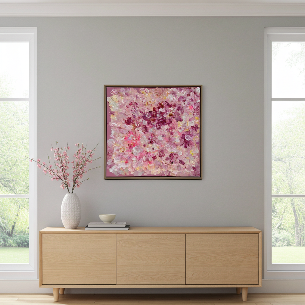 FLORALS #13 über Sideboard im Wohnzimmer, modernes florales Wandbild in Rosa und Pink