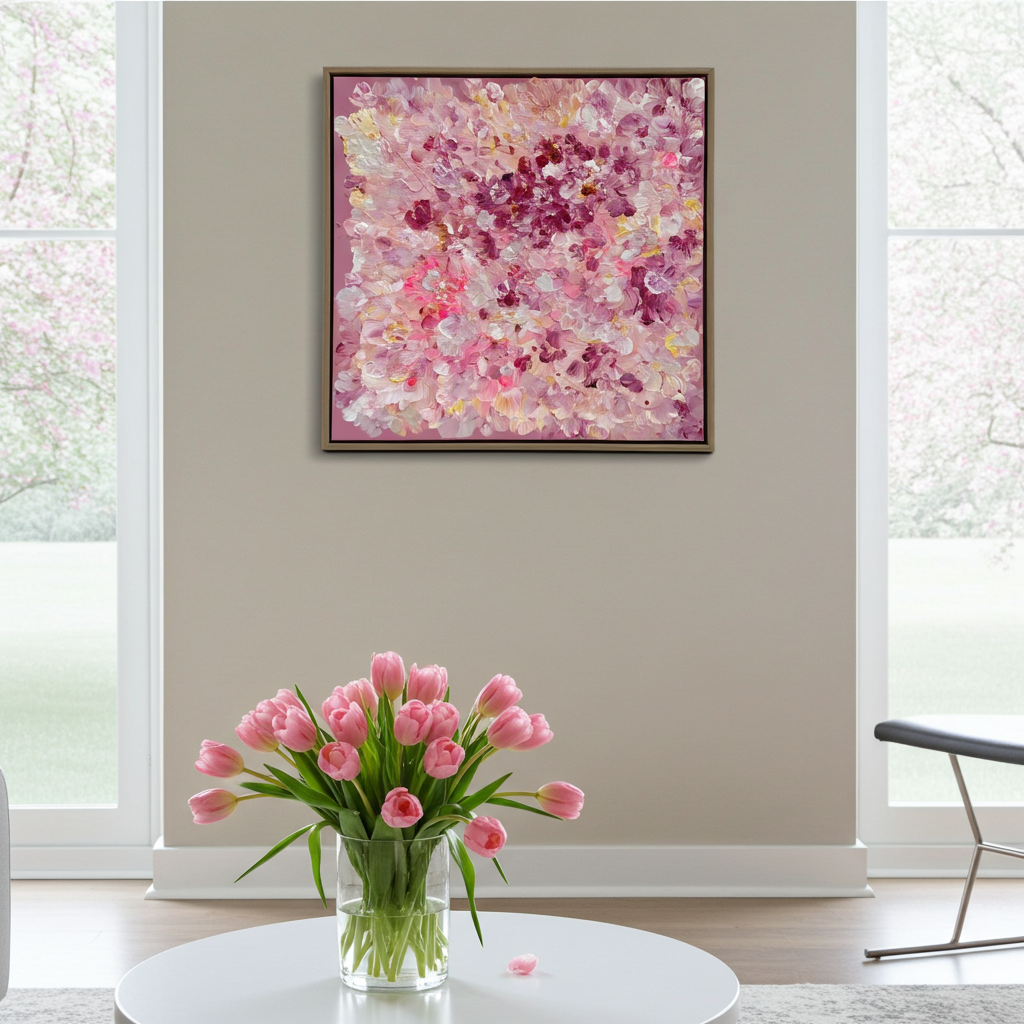 FLORALS #13 im hellen Raum neben Fenstern mit Blumen, abstrakte florale Kunst in Rosa und Rosé