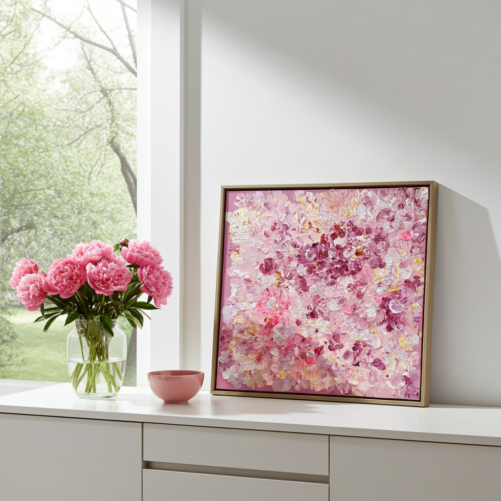 FLORALS #13 abstraktes Blumenbild in Rosa und Pink auf Sideboard neben Pfingstrosen, modernes Interior mit natürlichem Licht
