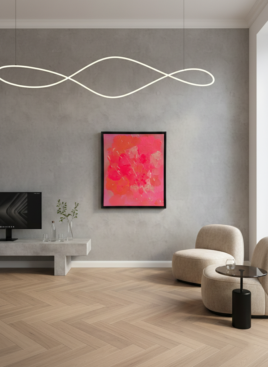 FLORALS #2 als abstraktes Blumenbild in sanften Blau- und Beigetönen über einem hellen Sofa in einem industriellen Loft-Wohnzimmer. Das Werk setzt einen ruhigen, modernen Akzent in einem offenen Raum mit großen Fenstern und minimalistischer Einrichtung. Das gezeigte Bild dient der Visualisierung im Raum.