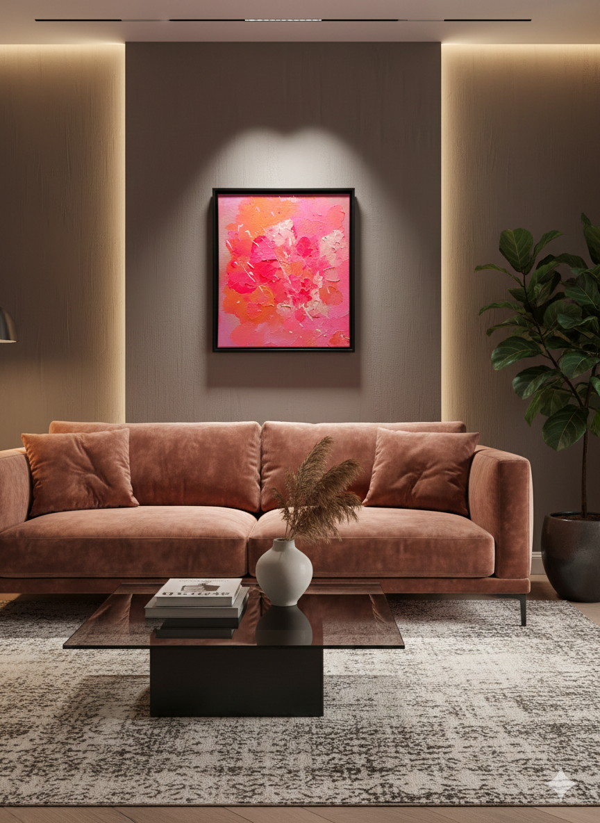 FLORALS #2 als abstraktes Kunstwerk in warmen Pink- und Korallnuancen über einem hellen Sofa in einem lichtdurchfluteten Wohnzimmer. Das Gemälde bringt lebendige Energie in ein modernes Interieur mit Holz, Pflanzen und weichen Textilien. Zeitgenössische Wandkunst für stilvolle Wohnräume. Das gezeigte Bild dient der Visualisierung im Raum.