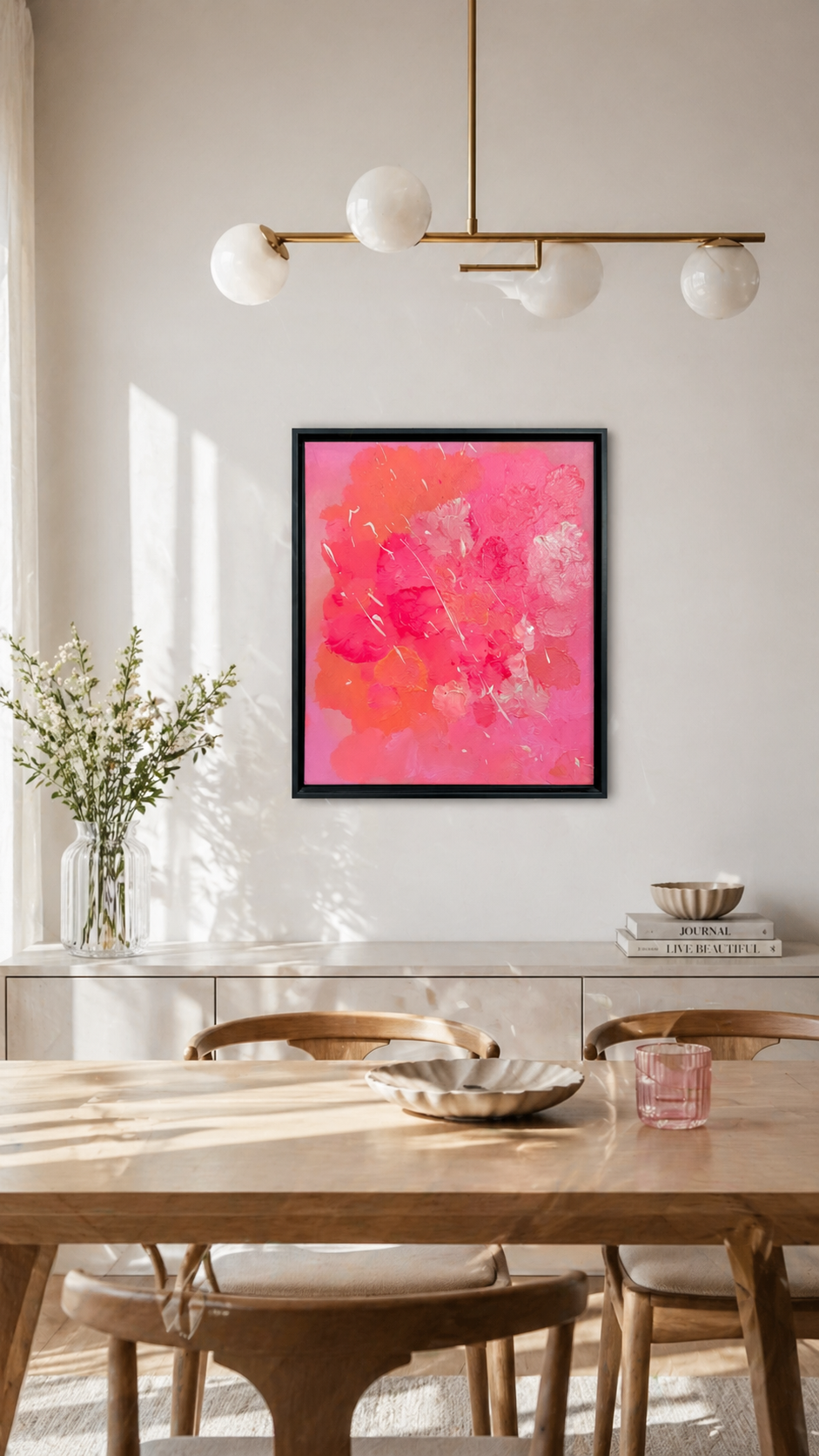 Modernes, helles Esszimmer mit natürlichem Tageslicht und einer dezenten, warmen Farbpalette. An einer offwhitefarbenen Wand hängt ein abstraktes Kunstwerk (ca. 50x60 cm) in kräftigen Pink- und Koralltönen mit sichtbarer Textur und dynamischen Schichten, gerahmt in Schwarz. Unter dem Bild steht ein minimalistisches Sideboard mit Vase und Büchern, davor ein heller Holztisch mit passenden Stühlen. Eine elegante, moderne Deckenlampe mit runden Glaskugeln ergänzt das stilvolle Interior.