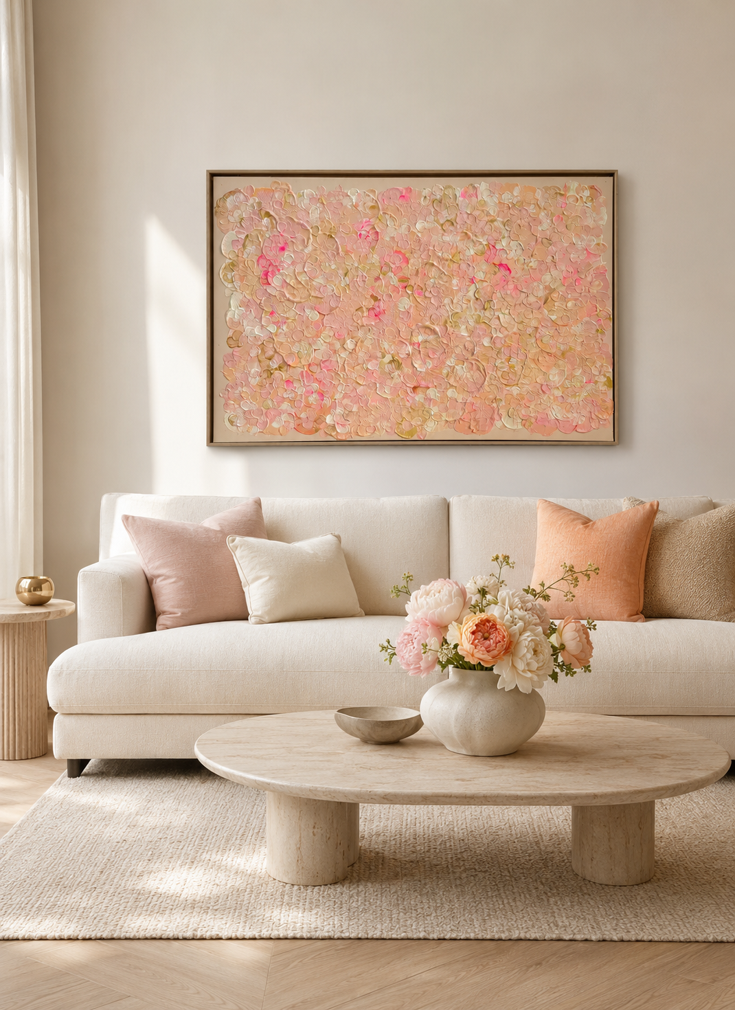FLORALS #21 als großformatiges florales Acrylbild in Rosa und Apricot, 120 × 80 cm, über einem cremefarbenen Sofa im hellen modernen Wohnzimmer.