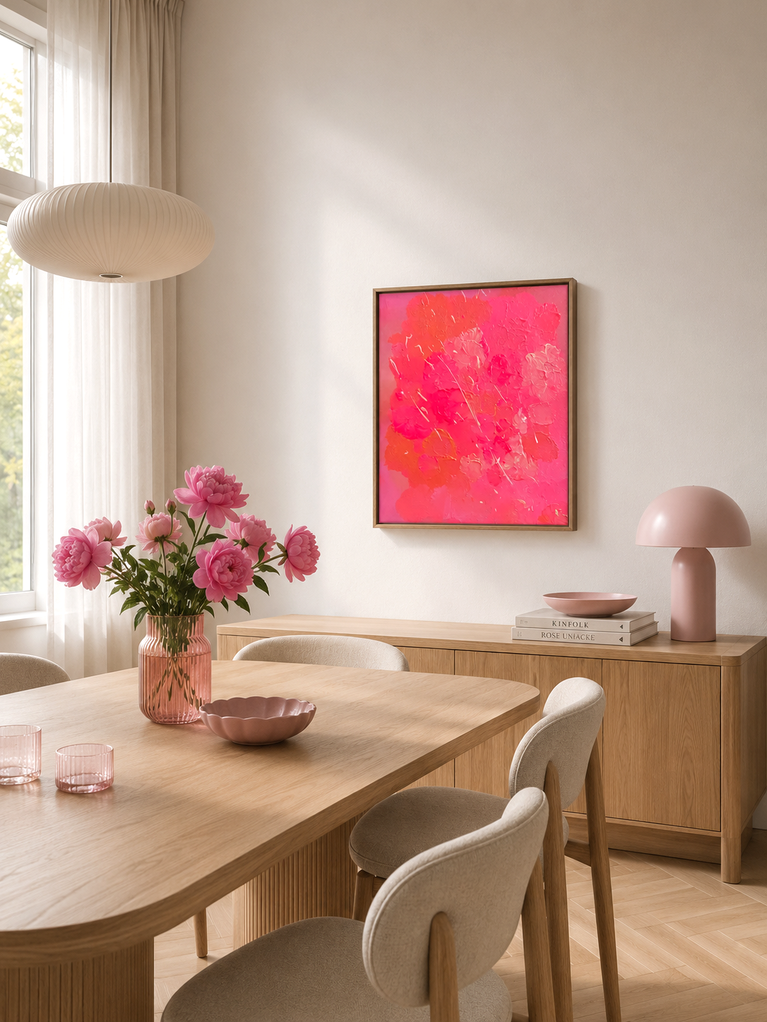Handgemaltes Acrylbild FLORALS #2 in Pink, Rosa und Koralle mit sichtbarer Textur. Moderne Originalkunst auf Leinwand im Eichenrahmen.