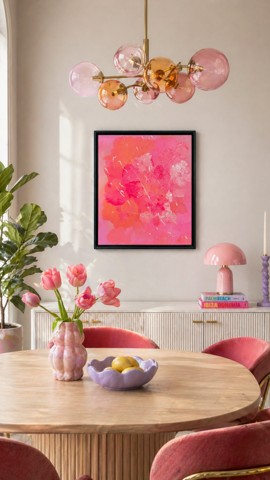 Abstraktes Acrylgemälde FLORALS #2 in Pink, Rosa und Koralle mit sichtbarer Textur, gerahmt in Eiche Natur in einem hellen Wohn- und Essbereich.