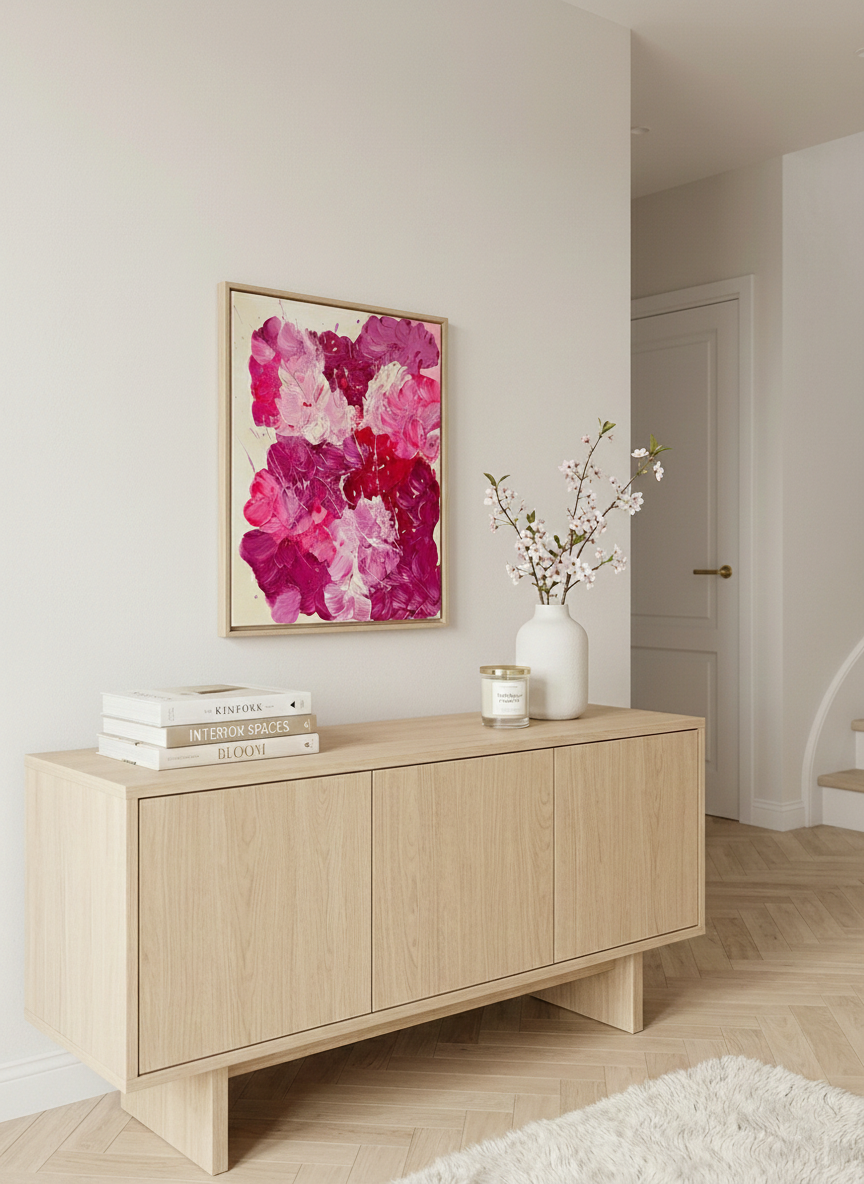 FLORALS #3 als moderne Wanddekoration im Wohnzimmer über einer hellen Sideboard-Kommode. Abstraktes Acrylbild in Pink- und Burgundertönen mit floraler Struktur.