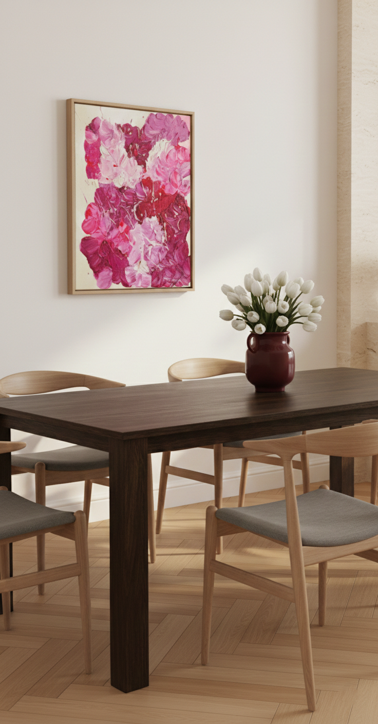 FLORALS #3 als Farbakzent über einem Holztisch in modernem Essbereich. Abstrakte florale Malerei mit glänzendem Finish und kräftiger Pink-Burgunder-Farbwelt.