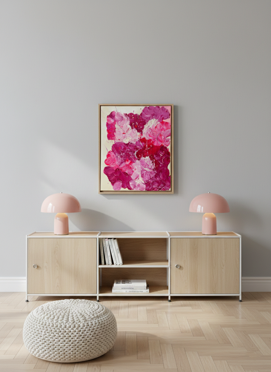 FLORALS #3 über einer hellen Holzkommode mit minimalistischer Dekoration. Abstraktes Acrylbild in Pink und Rosé als stilvoller Farbakzent für modernes Interior.