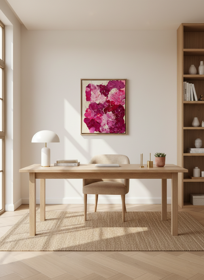 FLORALS #3 als Statement-Piece über einem hellen Esstisch inszeniert. Abstraktes Acrylbild mit floraler Struktur in Pink und Burgunder für modernes, skandinavisches Interior.