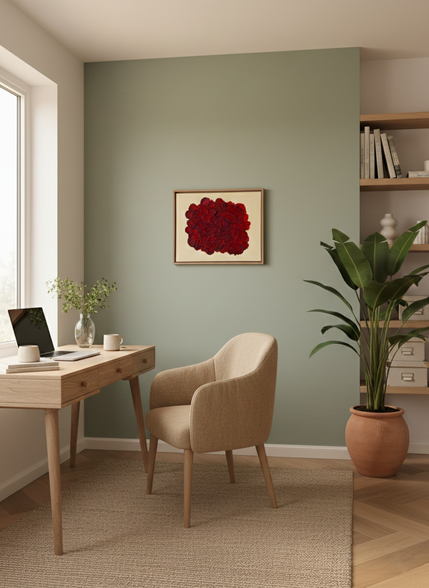 FLORALS #9, abstrakte rote Blütenstruktur auf hellem Hintergrund, gerahmt über einem Holzschreibtisch vor einer salbeigrünen Wand mit Pflanze.