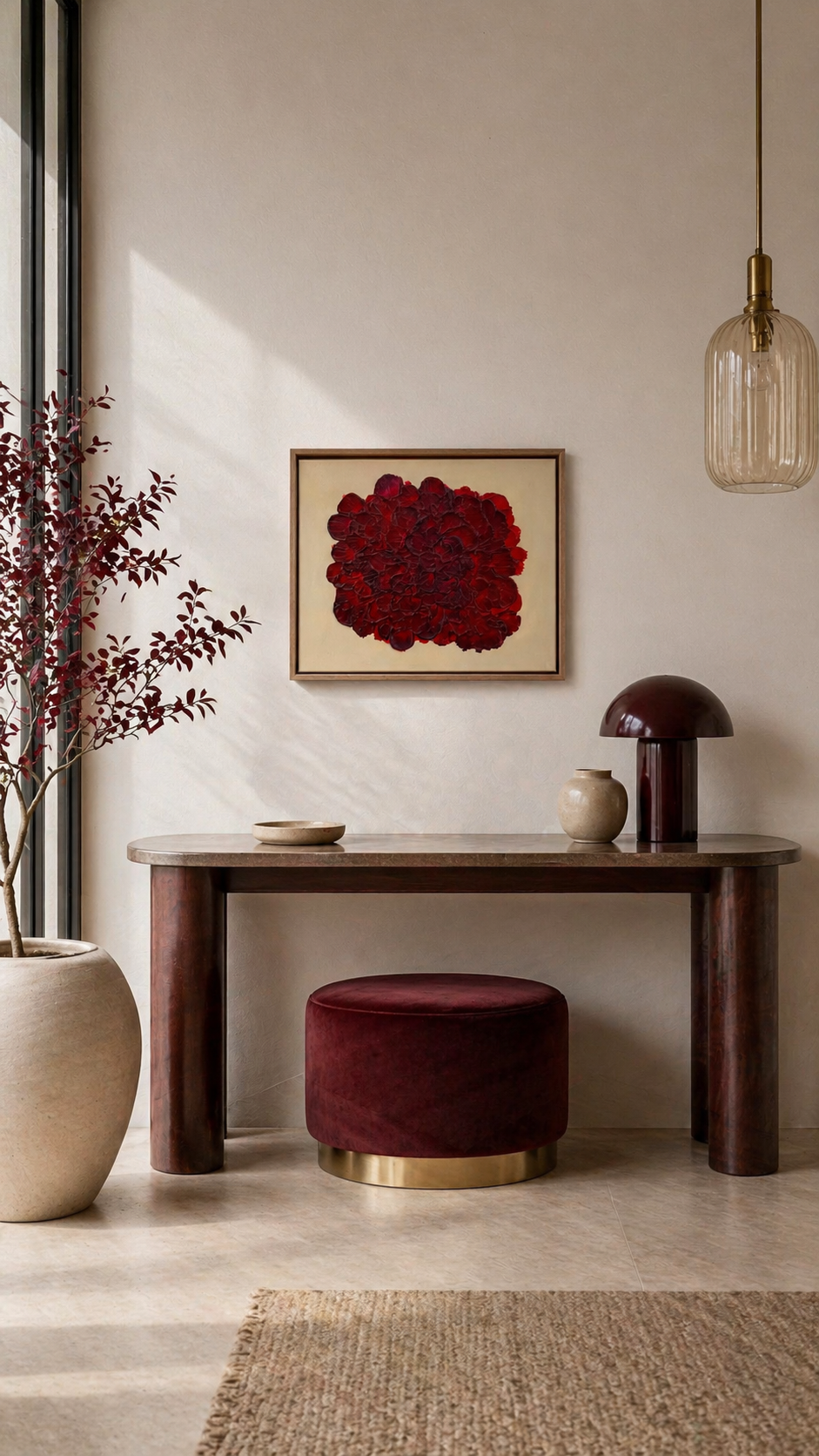 Moderner Eingangsbereich in warmen Beige- und Burgundytönen mit hellem Tageslicht: Ein abstraktes florales Kunstwerk in tiefem Rot (50x40 cm) hängt zentriert an einer hellen Wand über einer eleganten Konsole aus dunklem Holz. Darunter ein runder, burgunderfarbener Hocker mit goldener Basis. Dekorative Elemente wie eine Vase, eine Tischlampe und eine Pflanze greifen die Farbwelt auf und schaffen ein harmonisches, stilvolles Interior.