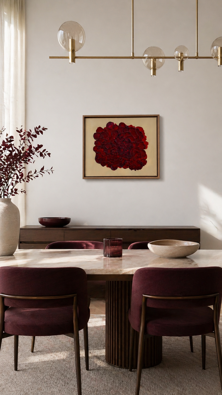 Modernes Esszimmer in warmen Beige- und Burgundytönen mit hellem Tageslicht: Ein abstraktes florales Kunstwerk in tiefem Rot (50x40 cm) hängt zentriert an einer hellen Wand über einem eleganten Sideboard aus dunklem Holz. Davor ein moderner Esstisch mit heller Steinoptik, kombiniert mit gepolsterten Stühlen in Burgundy. Eine stilvolle goldene Pendelleuchte mit Glaskugeln sorgt für weiches Licht, während dekorative Elemente wie eine Vase mit Zweigen und Schalen die Farbwelt harmonisch aufgreifen und ein ruhi