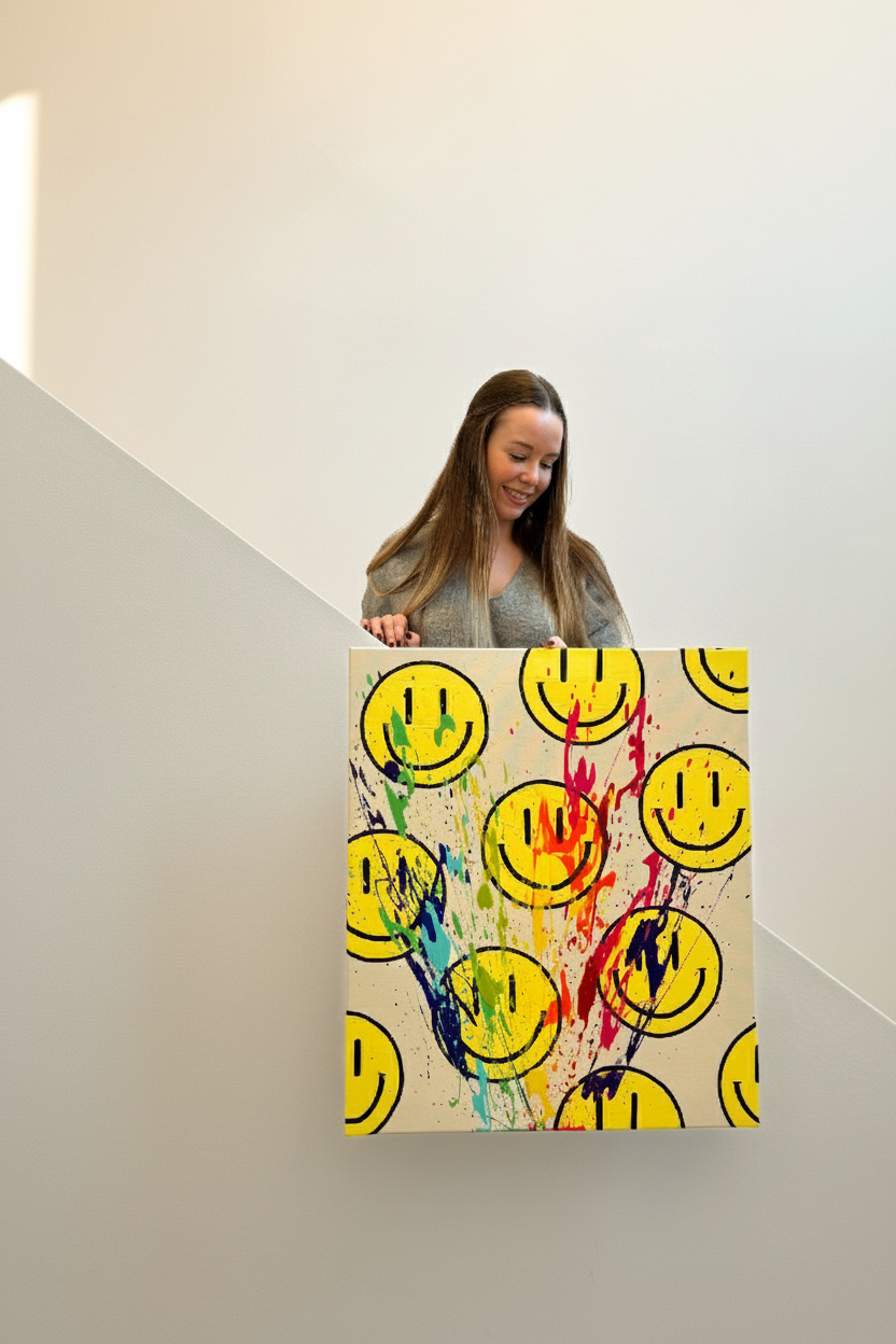 Künstlerin Sophia Toschka hält ein abstraktes Acrylkunstwerk mit gelben Smiley-Motiven und farbintensiver Struktur vor einer hellen Wand