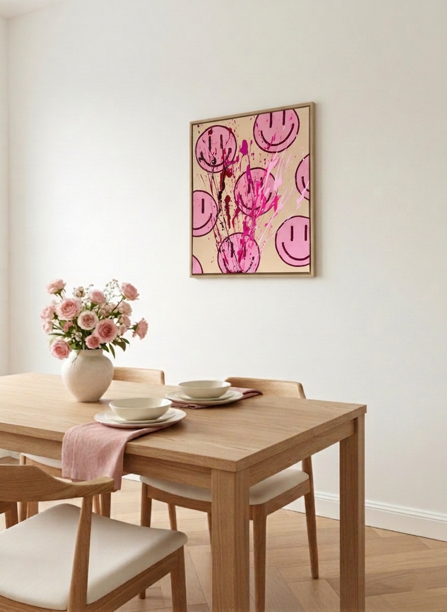 Abstraktes Smiley Acrylbild HAPPY #15 in Beige und Pink, modernes Wandbild mit Textur im Holzrahmen, seitliche Perspektive im Esszimmer Mockup 