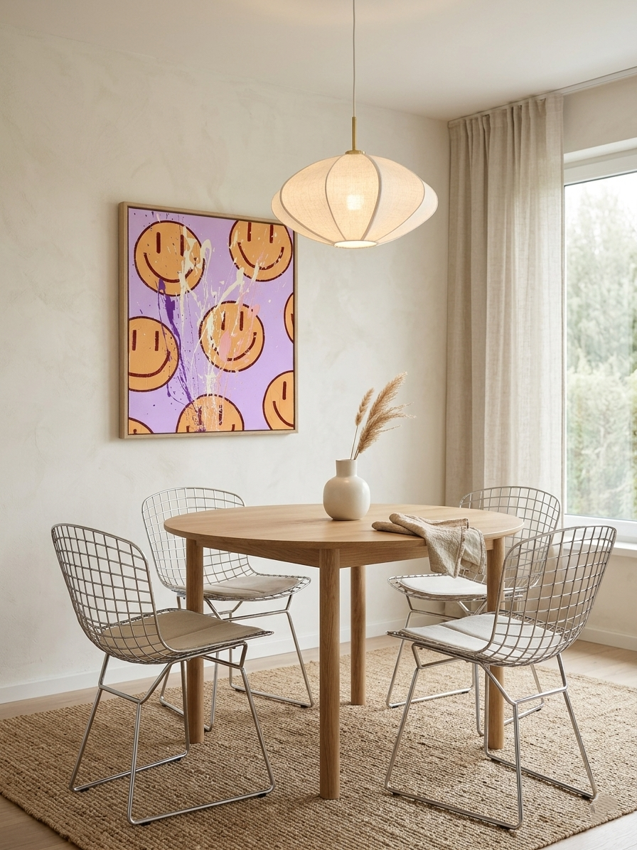 HAPPY #16, handgemaltes Happy-Face Wandbild auf Leinwand in Wohnraum Umgebung, moderne abstrakte Kunst mit warmen Farbakzenten.