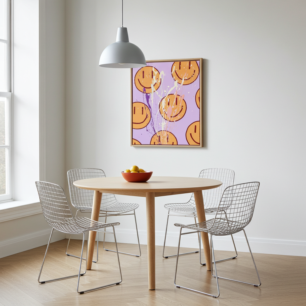 HAPPY #16 als modernes Smiley Wandbild im Esszimmer, abstrakte Acrylmalerei in Flieder und Orange als farbenfrohe Interior Kunst.