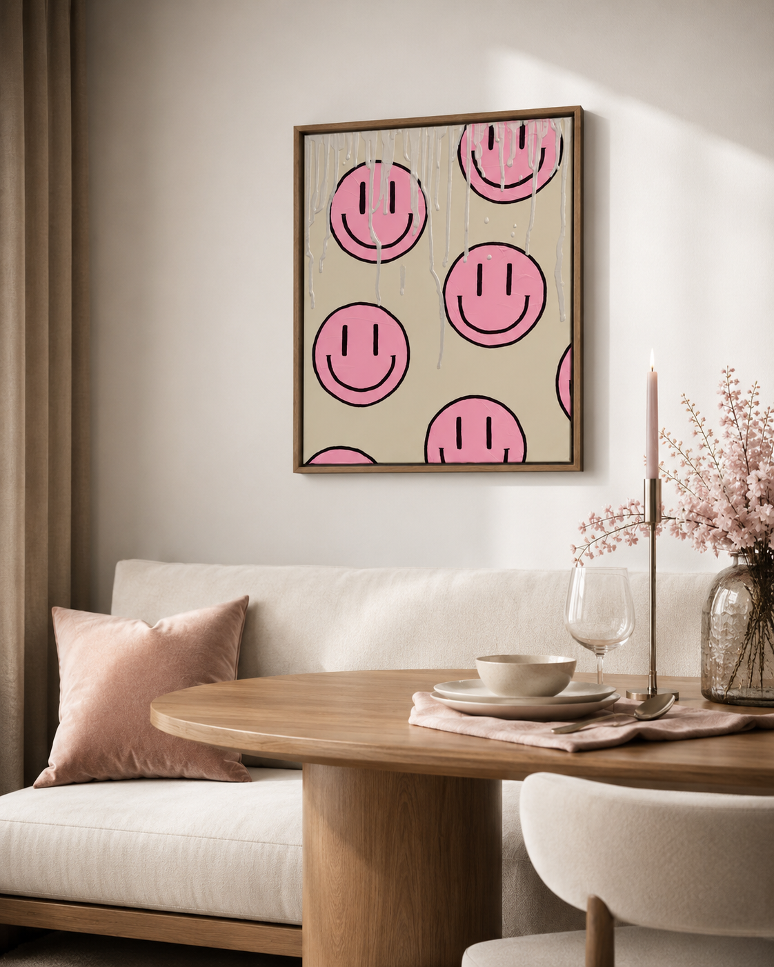 Abstraktes Acrylgemälde HAPPY #17 mit pinken Happy-Faces auf hellem Hintergrund, gerahmt in Holzoptik als moderne Wandkunst im Esszimmer.