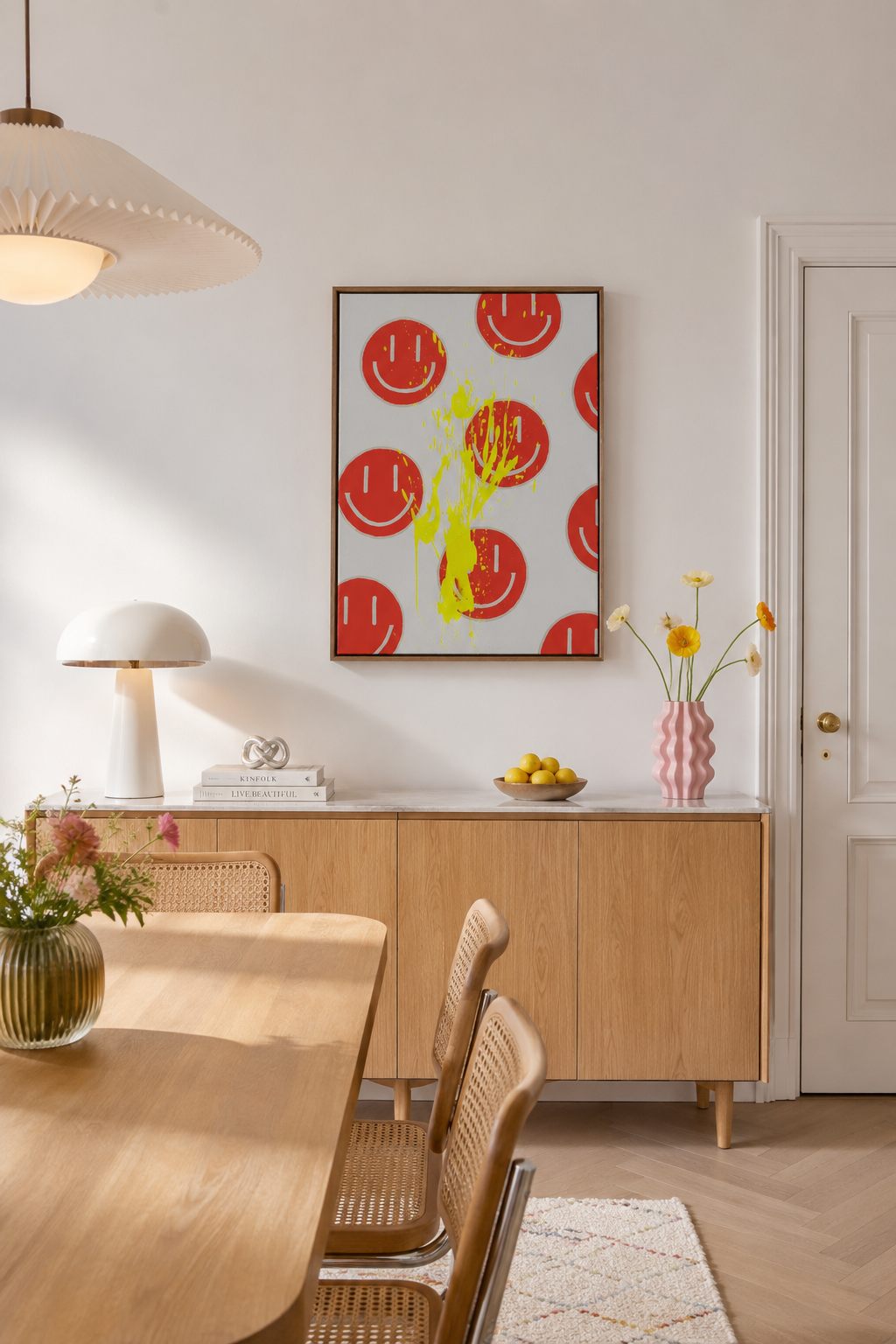 Mockup von HAPPY #18 in einem realistischen Wohnzimmer mit Holzsideboard, neutraler Einrichtung und orangefarbenen Akzenten zur Visualisierung im Raum