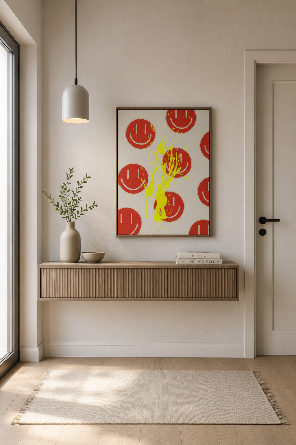 Mockup von HAPPY #18 über einer modernen Holzkonsole in einem hellen Wohnzimmer mit Dopamine Decor Akzenten zur Visualisierung im Raum