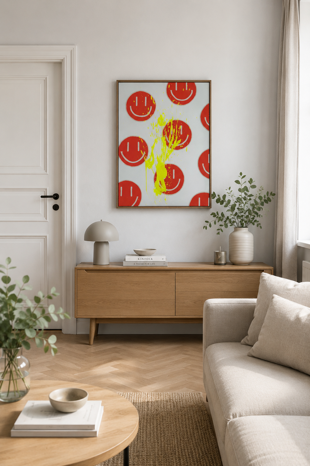 Mockup von HAPPY #18 als modernes Happy-Face Acrylbild in einem hellen Wohnzimmer mit neutralem Interior und orangefarbenem Kissen zur Visualisierung im Raum
