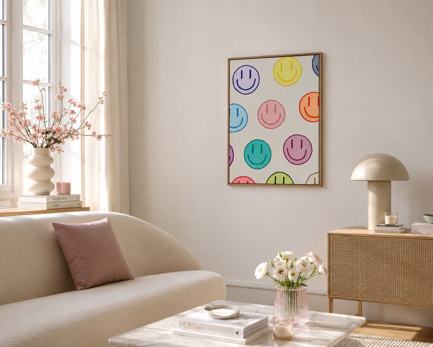 Modernes Wohnzimmer mit hellem Tageslicht und dem Original-Acrylbild HAPPY #19 von Sophia Toschka. Abstrakte Happy-Face-Kunst auf roher Baumwollleinwand im Format 60 × 80 cm mit Eichen-Schattenfugenrahmen.