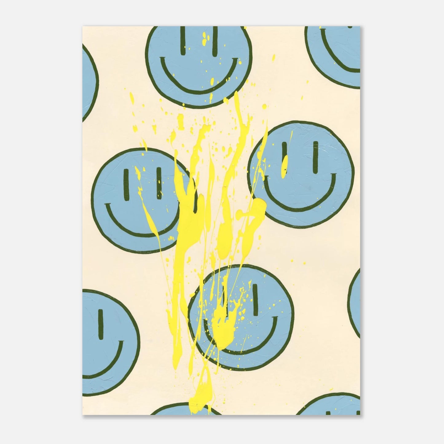 Vollansicht des limitierten Fine Art Prints HAPPY #21 mit hellblauen Happy-Faces, olivfarbenen Konturen und einem leuchtend zitronengelben Farbspritzer.