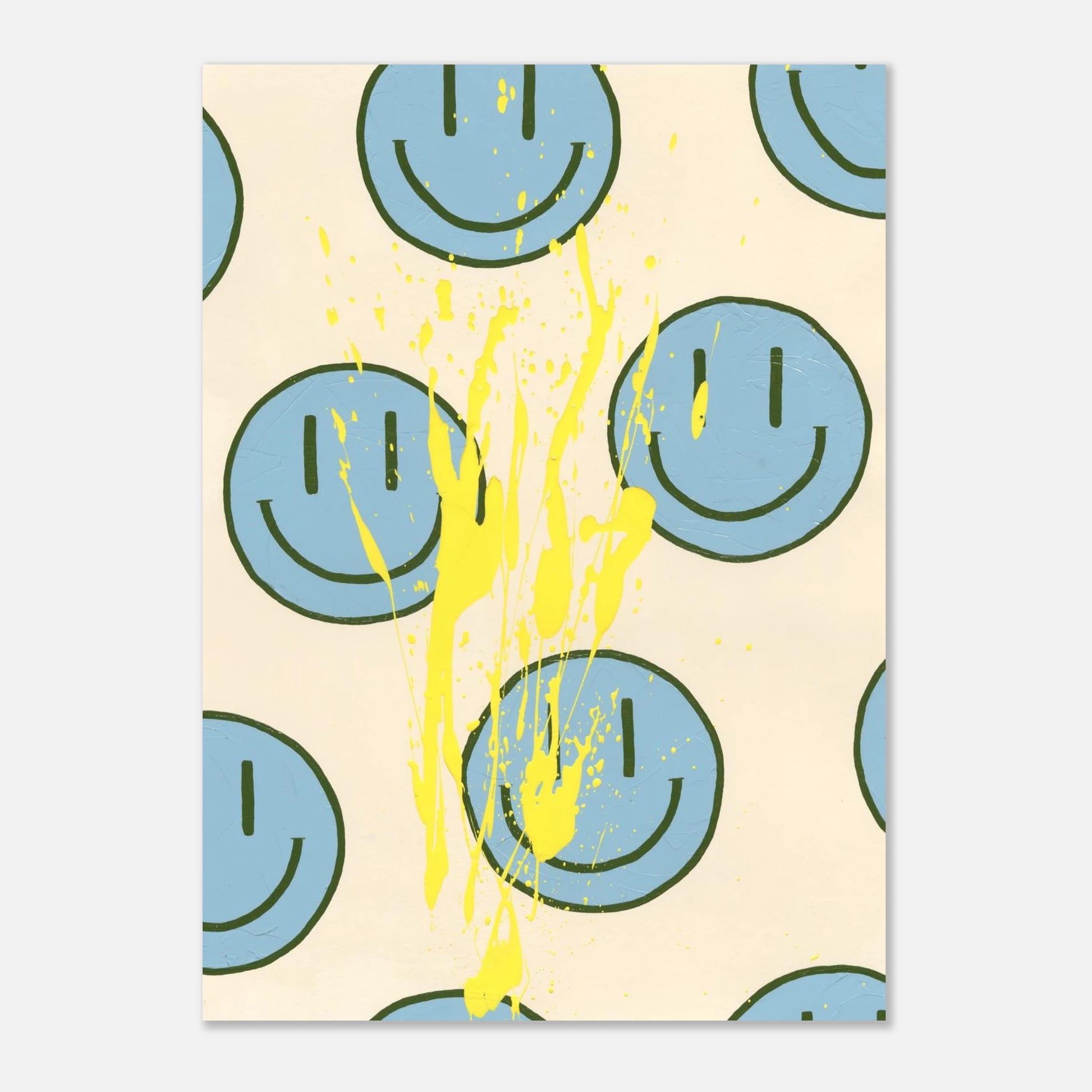 Vollansicht des limitierten Fine Art Prints HAPPY #21 mit hellblauen Happy-Faces, olivfarbenen Konturen und einem leuchtend zitronengelben Farbspritzer.