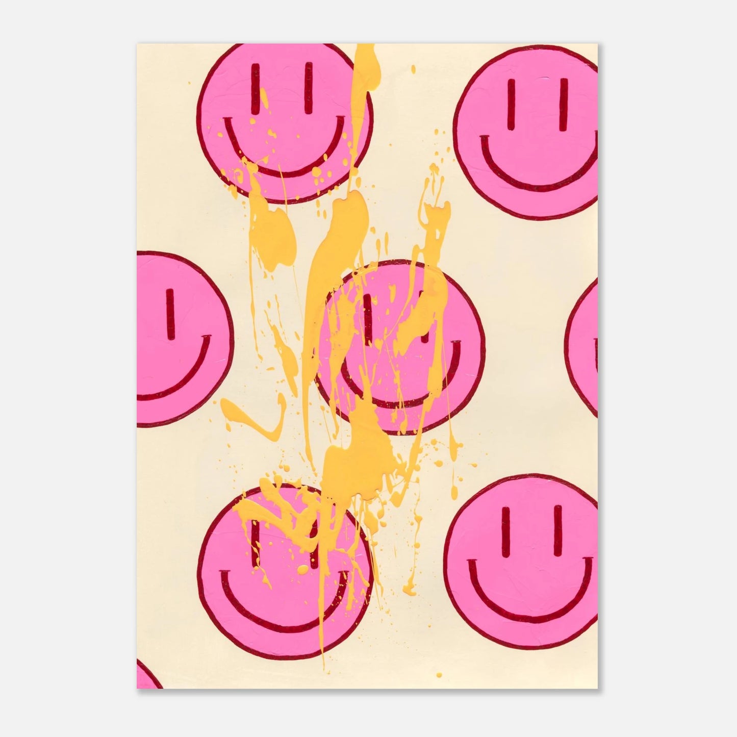 Vollansicht des limitierten Fine Art Prints HAPPY #22 mit pinkfarbenen Happy-Faces, bordeauxroten Konturen und einem dynamischen Farbspritzer in Hellorange.