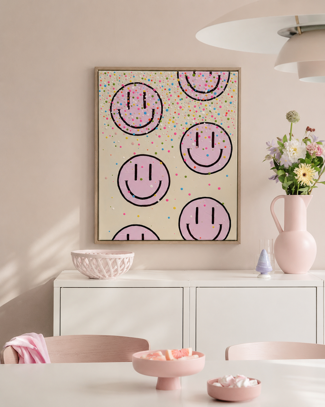 HAPPY #26 als gerahmtes Originalkunstwerk im hellen Esszimmer mit pastellfarbener Einrichtung, weißen Möbeln und natürlichem Tageslicht.